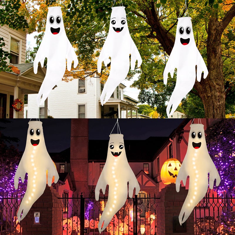 Geefuun 3PCS 43 Inch Halloween Ghost Windsocks Hanging Decorations - Flag Wind Socks for Home Yard Outdoor Decor Party Supplies (Batteries Not Included No Timer) - Image 2
